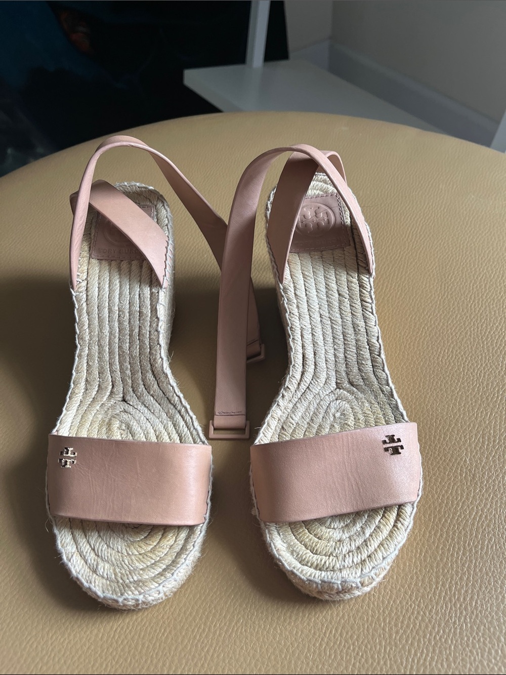 Tory Burch Tan Leather Bima 2 Espadrille Wedge Ankle Strap Sandals SZ 8 EUC
